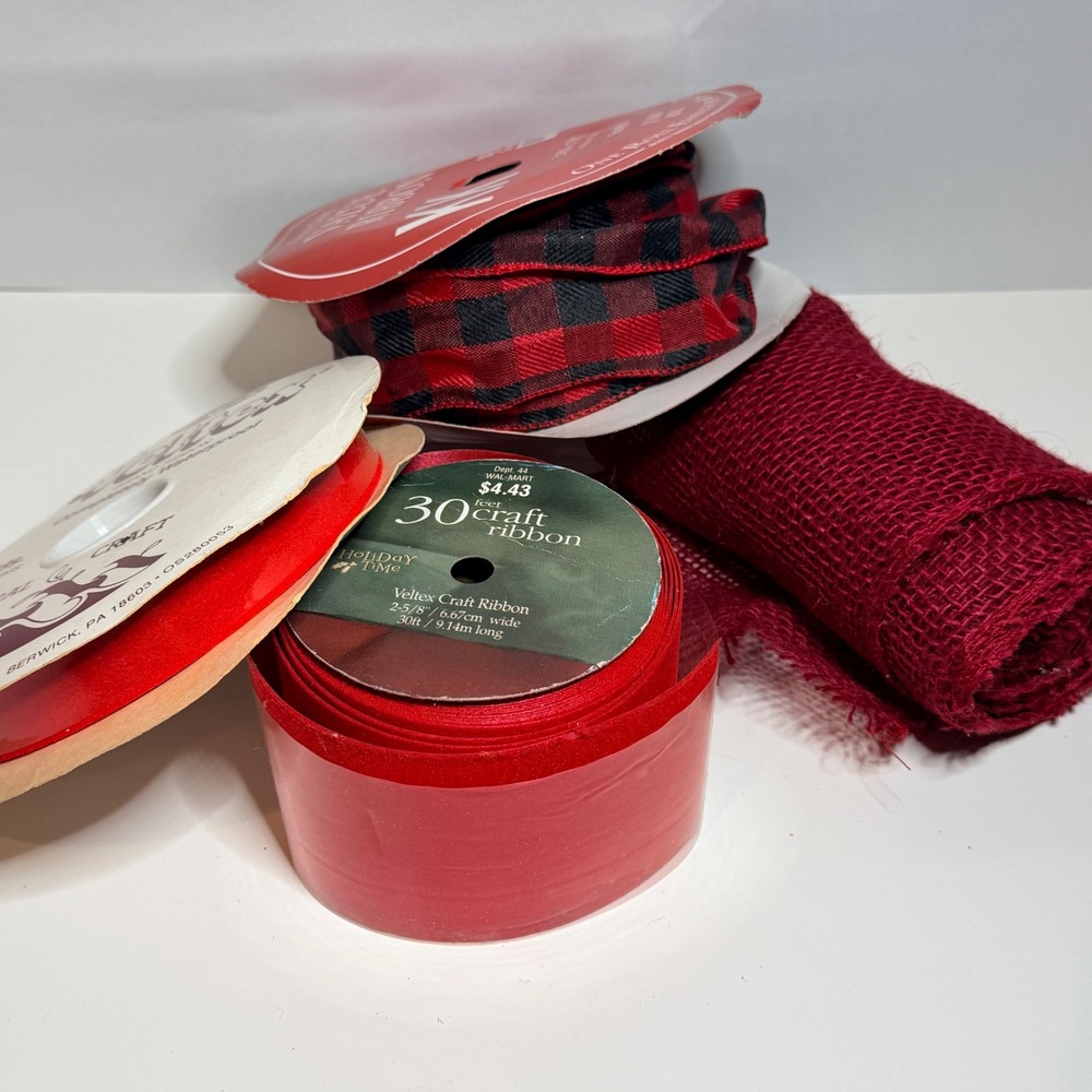 Red Craft Ribbon Lot Buffalo Plaid Burlap Veltex Christmas Holiday DIY 4pc